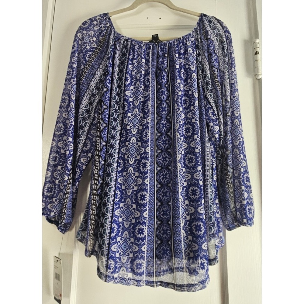 NWT BCX PRINT MESH SCOOP NECK PEASANT TOP boat neck womans XL - Picture 3 of 10